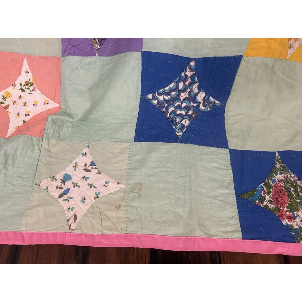 VTG Handmade Patchwork Quilt Diamond Floral Star‎ Pattern Boho Farmhouse 60x74